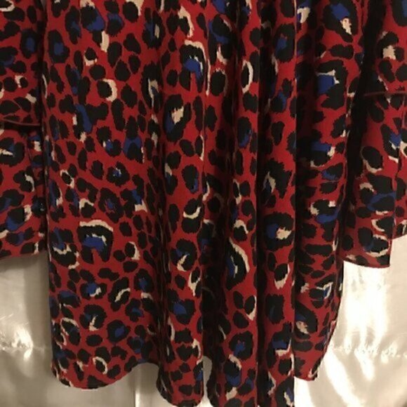 Red Leopard 70s V Neck  Tier  Hippie Bell Sleeve Bohemian Mini Dress M - Picture 12 of 14